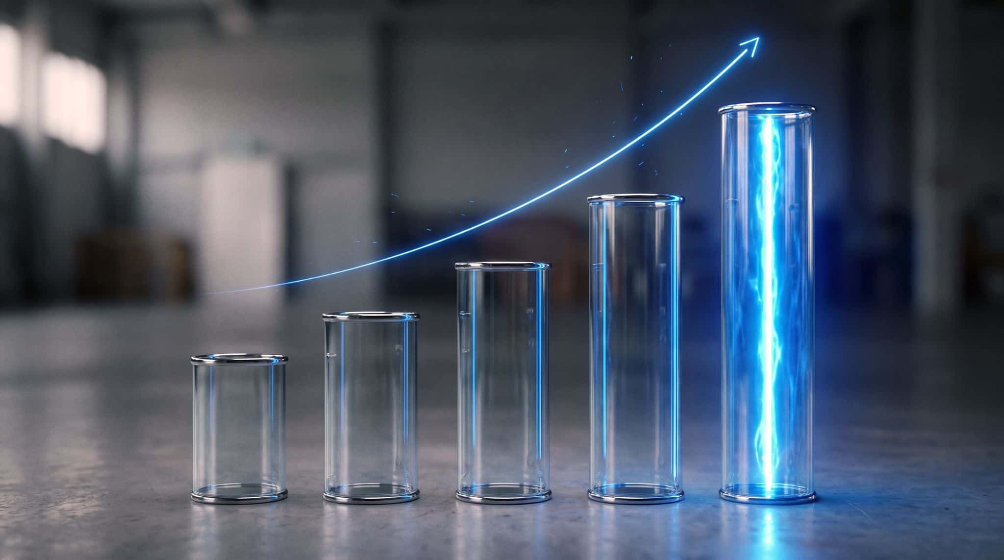 Diagramme de cinq barres de verre cerclées de chrome, la plus haute illuminée de bleu, sous une courbe montante