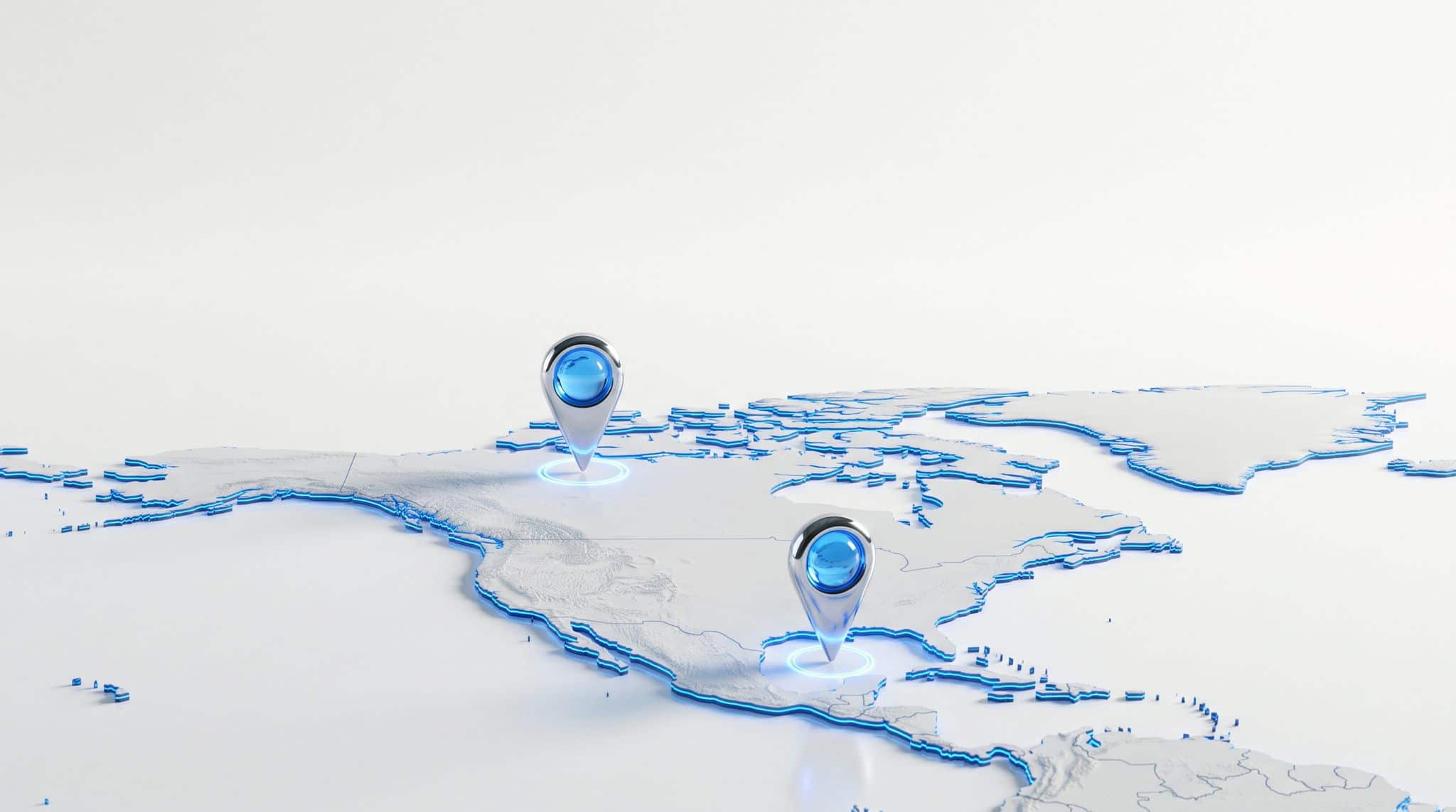 Relief map of North America in white with electric blue coastlines and two chrome map pins with blue glass cores