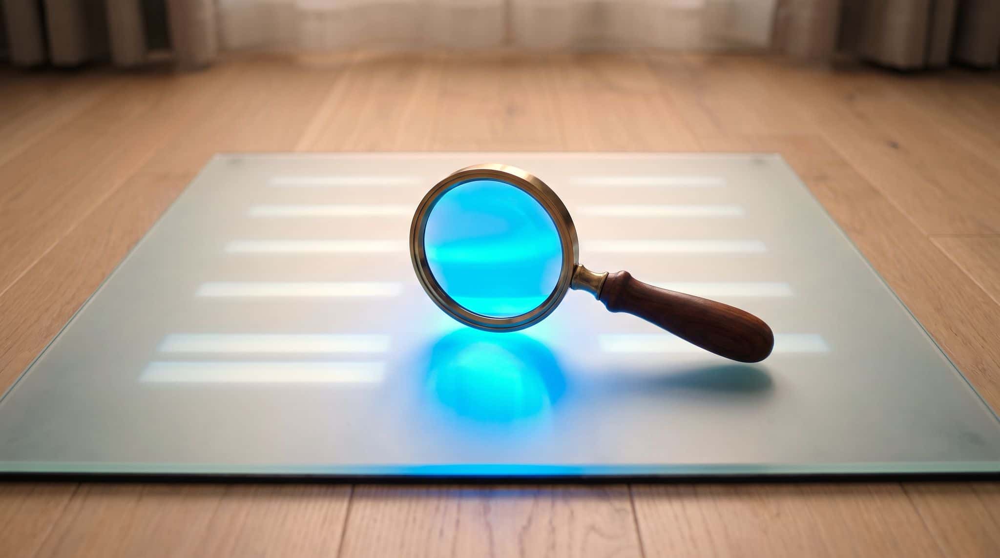 Loupe au cerclage chromé révélant une zone illuminée de bleu sur une page de verre dépoli
