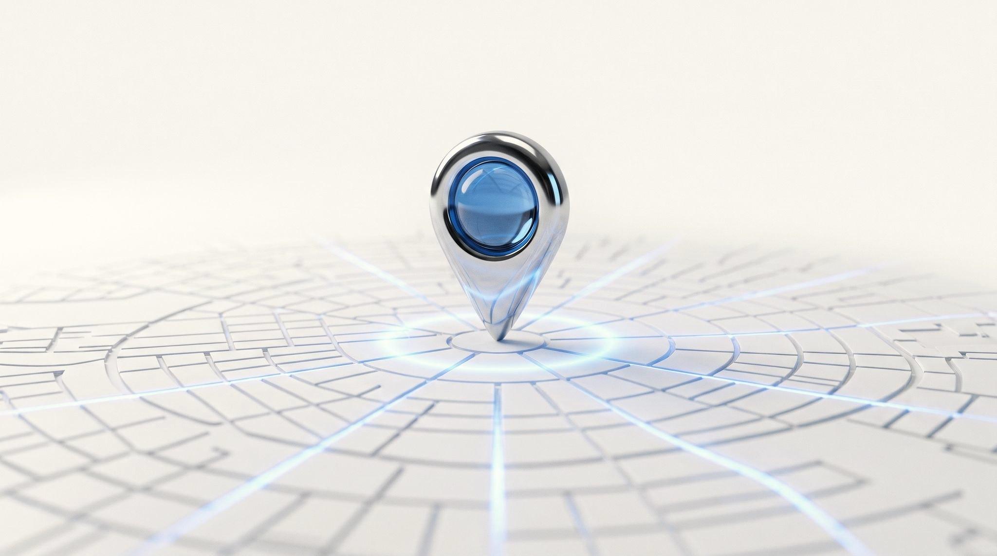 Repère de carte en chrome au cœur de verre bleu planté sur un plan de ville blanc aux rues lumineuses